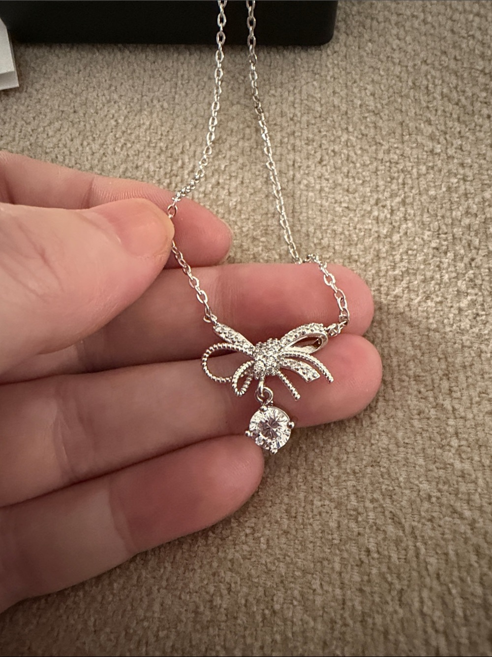 Silver Palm Tree Pendant Necklace with Clear Crystal Drop